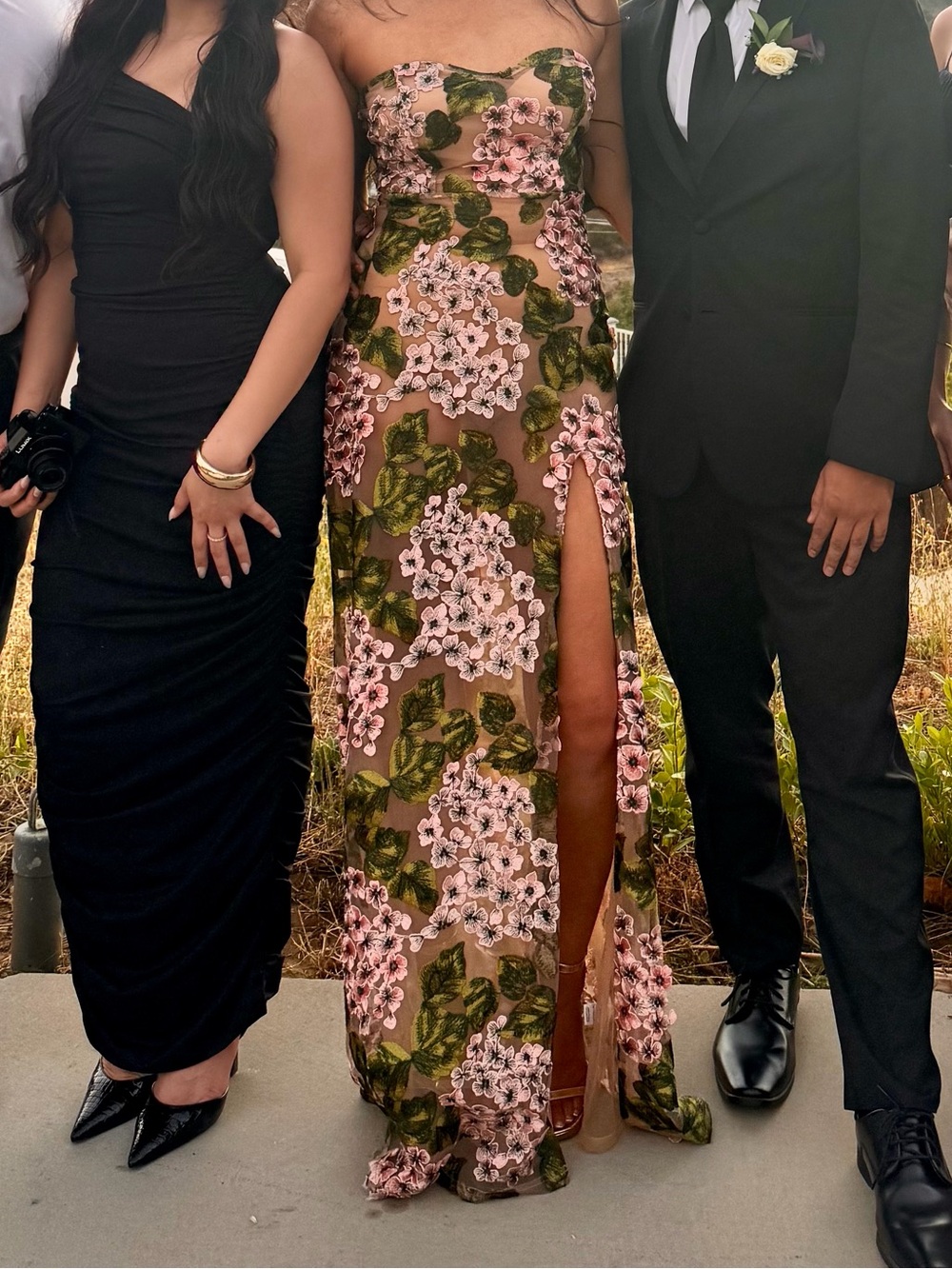 Strapless Pink Floral Maxi Dress with Side Slit